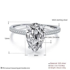 Cincin Janji/Tunangan Mewah JZ1406 Perak Sterling 925 Bentuk Tetesan Air dengan Zirkon Potongan Pir Halo untuk Wanita, Cincin Fashion Berkualitas Tinggi - Product Image 6