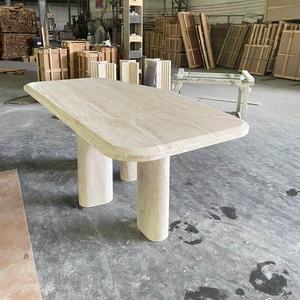Tavoli da Pranzo con Piedistallo in Marmo <span class=keywords><strong>Travertino</strong></span> Beige Lucidato Turco, Design Moderno per Sala da Pranzo - Product Image 4