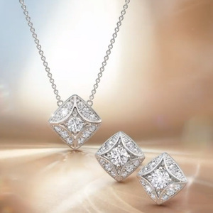 Set di collana e orecchini con zirconi geometrici a forma di rombo per donna, gioielli semplici e alla moda - Product Image 1