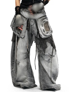 Jeans da Donna in Cotone <span class=keywords><strong>di</strong></span> Alta Qualità, Gamba Larga, Effetto Vissuto, con Cerniere e Tasche, Stile Vintage, Highstreet, Hip-hop, Y2K - Product Image 5