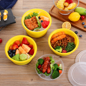 Round Disposable <b>Lunch</b> Box Yellow Thickened Plastic With Lock Takeout Bowl For Noodles And Soup - Product Image 3