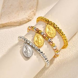 Pulsera de cuentas ovaladas de sandía con la Virgen María en acero inoxidable - Product Image 2