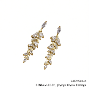 Esnfalvleb Boucles d'oreilles pendantes en cristal doré pour femme, design romantique à motif végétal, serti de griffes E3839 - Product Image 1