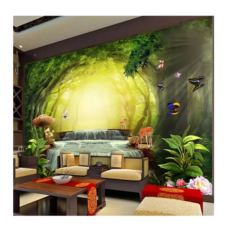 KOMNNI papier peint personnalisé peler et coller forêt fantastique grand arbre champignon cerf papillon cascade enfants chambre mur 3d papier peint