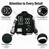 Blouson Bomber en Cuir PU Noir Brillant Personnalisé avec Patch Brodé Ailes d'Ange, Passepoil Blanc, Ourlet Côtelé, Fermeture Éclair Intégrale, Style Streetwear, Fabricant OEM