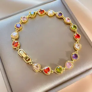High Quality Fashion Charms Colorful Zircon Jewelry Luxury Women Natural Gemstone 18k Gold Plated Heart Bracelet