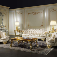 Ensemble de canapés en bois massif européen antique, sculpté à la main, feuille d'or champagne, canapé de salon avec table basse