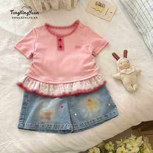 TongXingYuan Girls Summer Cotton Two Piece Set Pink Top With Lace Denim Shorts For Toddlers - Product Image 1