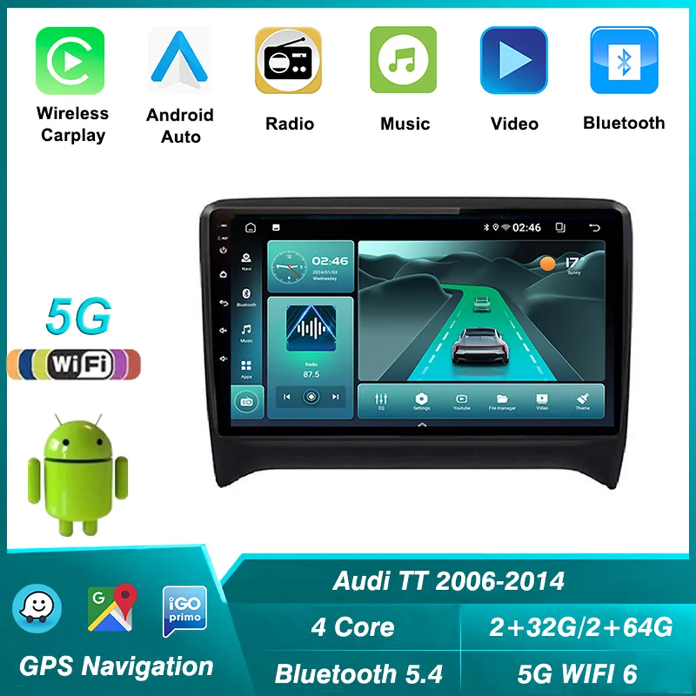5G+2.4G Dualband WLAN 2+64G Auto-Video-Player Bluetooth 5.4 für Audi TT 2006-2014 GPS Navigation Android Radio CarPlay