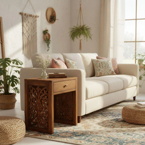 Mesita de Noche Moderna de Madera con Diseño Tallado a Mano, un Cajón de Almacenamiento, Mesa Auxiliar de Madera Maciza, Muebles Rústicos para Dormitorio, Decoración del Hogar - Product Image 3