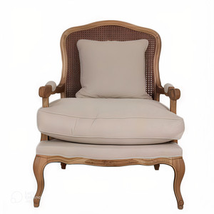Poltrona in Legno Massello Stile Antico Francese Rustico Direttamente dalla Fabbrica con Schienale in Rattan e Rivestimento in Tessuto Beige - Product Image 1