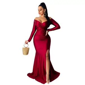 थोक महिलाओं के फैशन सेक्सी वि गर्दन लंबी आस्तीन स्प्लिट शुद्ध रंग शाम का गाउन ड्रेस महिला आरामदायक कपड़े