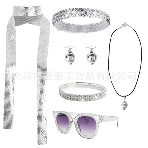 Disco Party Jewelry <b>Set</b> Pink Sequined Headband Scarf Necklace Earrings <b>Bracelet</b> Sunglasses Women's Fashion Accessory - Product Image 2
