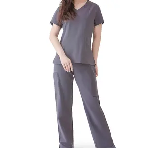Medical Uniform Women's Scrubs Set 4-Way Stretch Split Contrast Net and Pocket