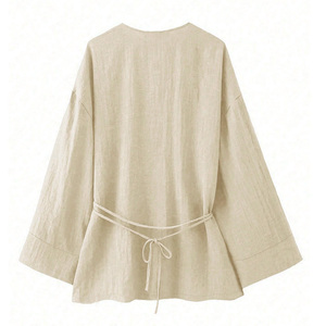 Women's Cotton Wrap Blouse V-Neck Full Sleeve Long Bohemian Regular Fit Simple Spring Summer Breathable Solid Color <b>Top</b> - Product Image 6