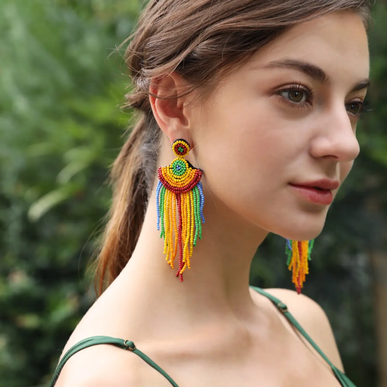 C&J 5 Colors Original Design Exaggerated Handmade Bohemian Long Beaded Tassel Earrings