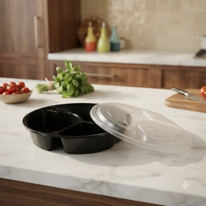 Conteneur alimentaire rond jetable en plastique PP avec 3 compartiments et couvercle transparent sécurisé pour la préparation des repas, les plats à emporter et le stockage - Product Image 1