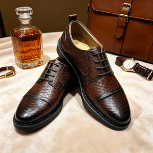 Chaussures Derby Classiques Marron Premium Effet Peau de Serpent pour Hommes, Chaussures Habillées Formelles à Bout Cap-Toe et Lacets, Chaussures Habillées à Bout Rond et Semelle Épaisse - Product Image 2