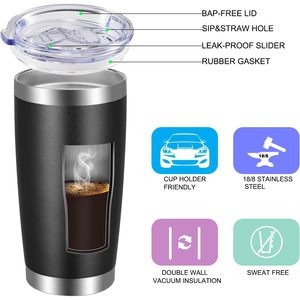 Gobelet isotherme en acier inoxydable de 20 oz avec couvercle, à double paroi, pour les voyages, en noir avec revêtement en poudre - Product Image 2