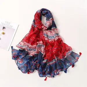 Fashion new boho navy red flower printed cotton voile scarves shawls muslim women elegant flower cotton head scarves with tassel