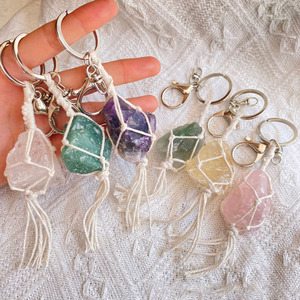 Wholesale Rose Quartz Stone Pendent Handmade Rope Tassel Natural Druzy Agate Raw Healing Crystal Keychain