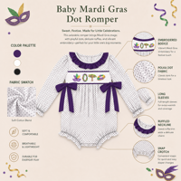 Combinaison pour bébé fille Puresun certifiée CPSIA CPC, 100% coton, nœud Mardi Gras, pois noirs, broderie smockée, 0-24 mois