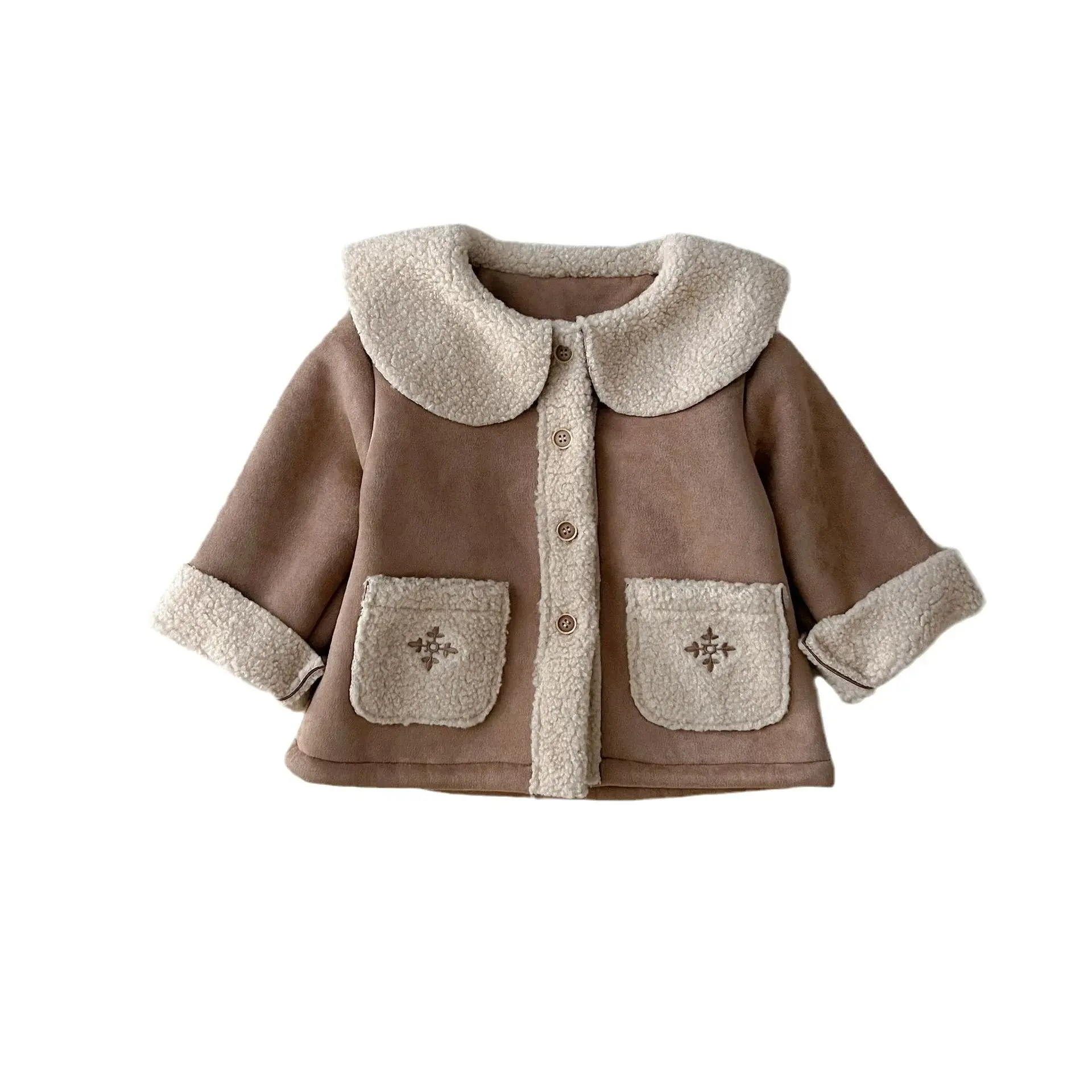 0-6Y Winter Children Warm Coat Baby Girls Embroidered Turn-down Collar Deer Skin Single Breasted Plush Coat