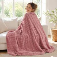 Couverture de lit d'hiver en fausse fourrure de lapin sculptée 3D, double couche, super douce et chaude, motif jacquard, couleur rose poudré de luxe, idéale comme cadeau
