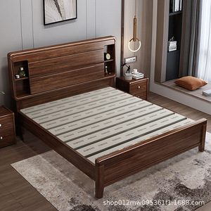 Nordic Style Solid Wood Storage Bed 1.8m Walnut Modern Minimalist Bedroom Furniture With Built In <b>Drawer</b> And Shelf - Product Image 4