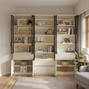 XHA Eco-Friendly <b>Solid</b> <b>Wood</b> Home Office <b>Bookcase</b> with Glass Doors Modern Minimalist Design Floor Mount Black Walnut Finish - Product Image 1