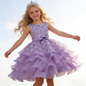 Robe bleu royal pour enfants, avec volants et nœud, col rond, robe de demoiselle d'honneur pour les filles plus âgées, tenue de soirée - Product Image 2