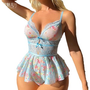European and American export-grade body <b>shaping</b> bow patchwork lace mesh print backless see-through sexy lingerie <b>bodysuit</b> - Product Image 5