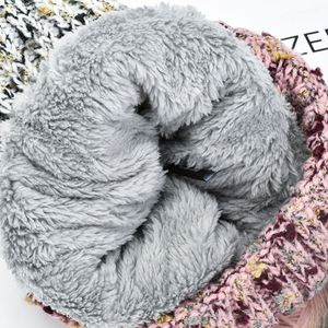 Women Thickened Plush <b>Fleece</b> Lined Wide Knitted <b>Beanie</b> Pom Pom Fur Balls Color Blocking Design Polyester/Cotton Fabric for - Product Image 4