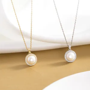 Micro Pave CZ Rounded Freshwater Natural Pearl Necklace