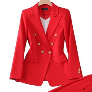 Women's Pink Double-Breasted Suit Set Solid Color Polyester Worsted Fabric <b>Work</b> Wear Spring Season - Product Image 5