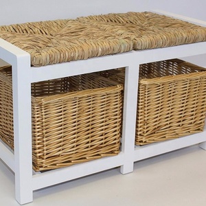 White Two Seater <strong>Wooden</strong> <strong>Storage</strong> <strong>Bench</strong> With Wicker Baskets and Seating - Product Image 1