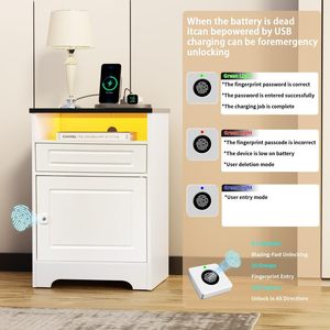 โต๊ะข้างเตียง Jartoil พร้อมระบบล็อคด้วยลายนิ้วมือ ไฟ LED สถานีชาร์จ โต๊ะข้างเตียงสไตล์ฟาร์มเฮาส์สีขาว - Product Image 3