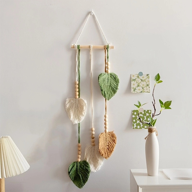 Small-Clear Room Wall Hanging Background Hand Knitting Cotton Rope Leaf Tapestry Natural Crafts Real Touch Decorations