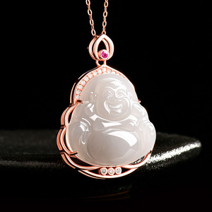 Liontin Buddha Budha Etnik Giok Hetian Alami dengan Karakter Maitreya Tersenyum, Elegan dan Mewah untuk Wanita - Product Image 2