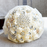 Buket Pengantin Mawar Satin Merah Muda Berdebu Kristal Rhinestone Mutiara Bunga Tangan Pernikahan