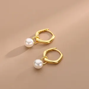 Moda 925 joyería de plata esterlina pendientes geométricos aros con gota de perla para mujer