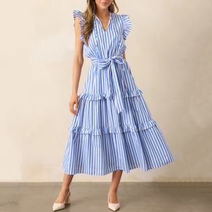 Vestido Casual a Rayas Personalizado ODM/OEM para Mujer, Cuello en V, Vestido Largo de Verano para Fiesta, Manga Corta con Cinturón - Product Image 1