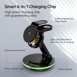 LANGWEI Hot Sale 18w 4 In 1 Wireless Charger Magnetic Foldable Fast Charging For Phone With Holder With Colored Lights