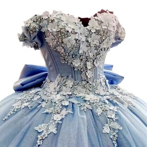 Blue Off The Shoulder Ball Gown Chiffon Floral Print Empire Waistline Evening Dress For Piano Performance Graduation Ceremony - Product Image 5