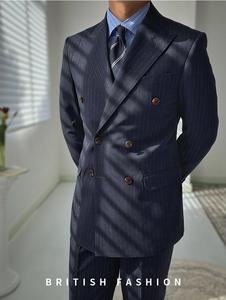 <span class=keywords><strong>Costume</strong></span> d'affaires italien élégant à double boutonnage rayé pour les loisirs Gentleman <span class=keywords><strong>bleu</strong></span> <span class=keywords><strong>marine</strong></span> costumes pour hommes <span class=keywords><strong>pantalon</strong></span> à fermeture éclair - Product Image 3