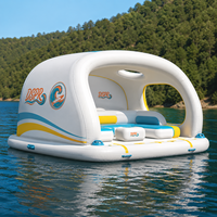 Île flottante gonflable pour parc aquatique, bar, terrasse soleil avec canapé lounge et parasol pour maison de bord de lac, vacances à la plage, détente