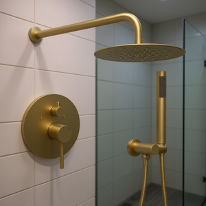 Ensemble de douche mural combiné finition or brossé avec pommeau de pluie et douchette à main, kit de quincaillerie de salle de bain - Product Image 2