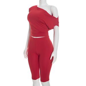 Viviblook D26ST276 Ensemble Automne Femme Nouveaux Tenues Couleur Unie Haut Court à Épaules Dénudées Manches Courtes et Pantalon Cropped Deux Pièces - Product Image 4