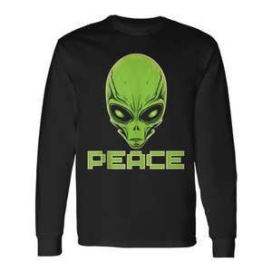 Maglietta a maniche lunghe Alien Head Peace con stampa nera e verde, maglietta promozionale - Product Image 1