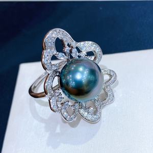 Bague élégante et luxueuse en argent pur avec perle naturelle ronde vert paon de 11 à 12 mm, presque sans défaut, cadeau parfait - Product Image 4